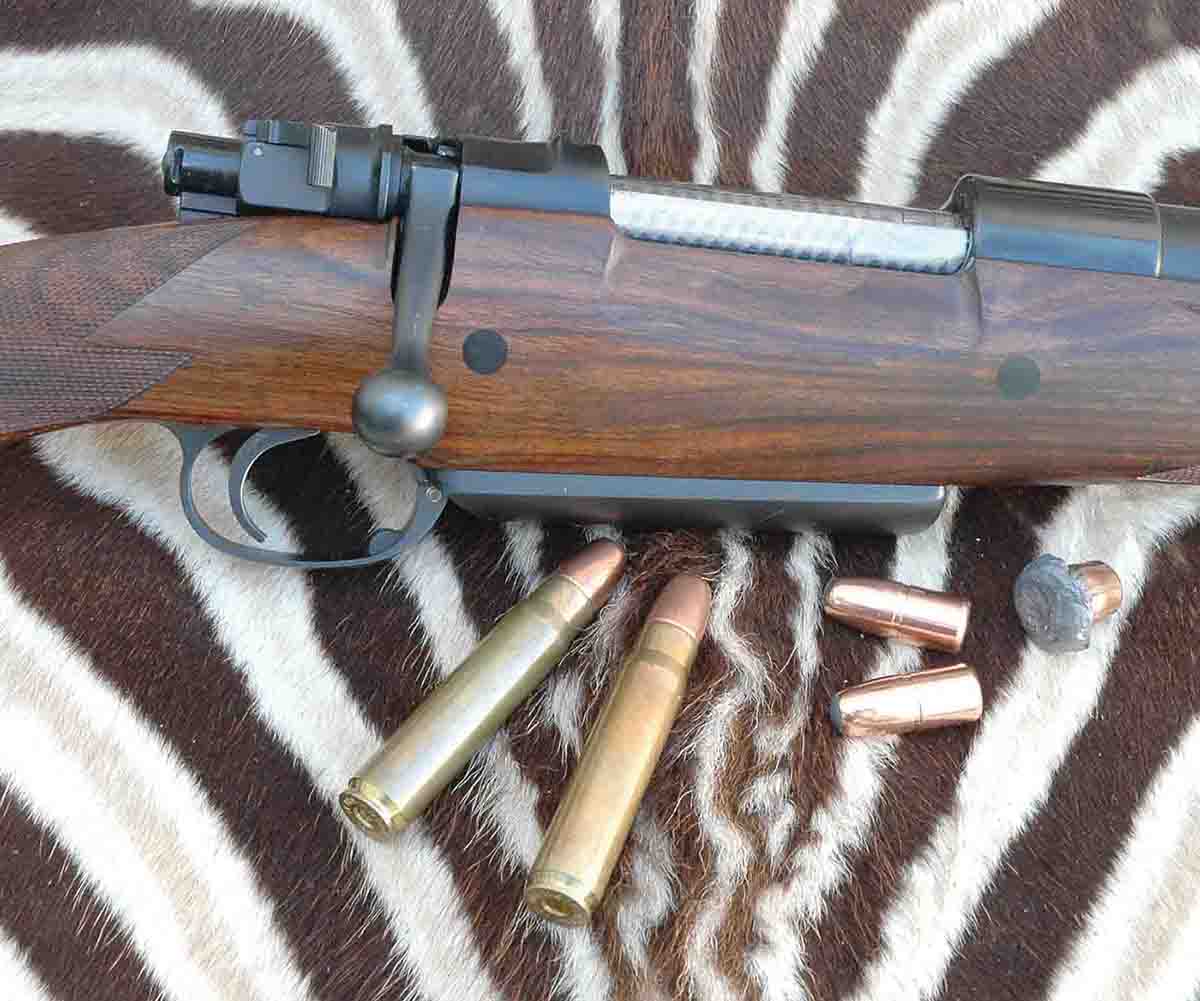 Built by Sterling Davenport, this Oberndorf Mauser .500 Jeffery belongs to Tony Hober of Swift Bullets. Shown with it are a couple of cartridges and three 570-grain A-Frame bullets, one recovered from Tony’s Cape buffalo.